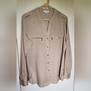 Calvin Klein Womans Blouse Goldtone Beige Sz L Gold Metal Buttons Zippers V-neck